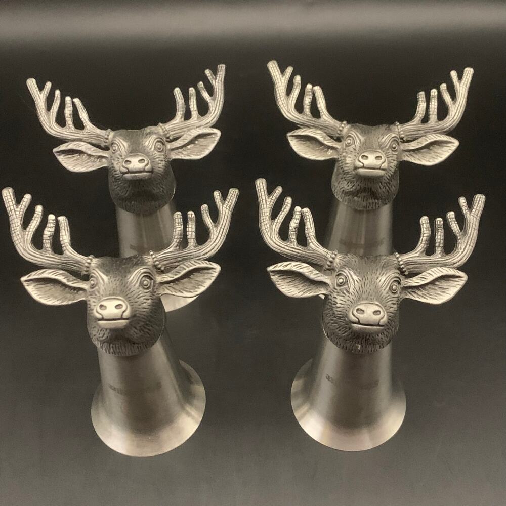 Set Of 4 Jagermeister Shot Glasses Pewter Buck Stag Deer Head Elk Barware
